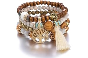Yean Boho 4 Stück Armbänder Holzperlen Quaste Armband Frauen Baum des Lebens Charm Statement Armreifen, Kristall Kristall Perle