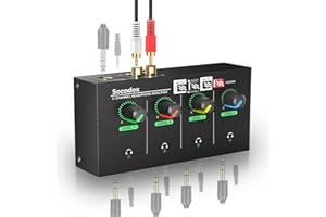 socodox 4-Kanal Kopfhörerverstärker, Kompakter Metall-Stereo-Kopfhörermischer mit 6,35 mm, 3,5 mm & RCA Eingängen, TRS Ausgängen, Stummschaltfunktion und coolem Licht, DC 12V - 14x7x3.1 cm