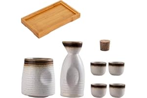 CAGFINY Set de Saké Japonais Tasses à Saké en Céramique et Chauffe-Saké avec Plateau en Bois pour la Maison ou Le Restaurant