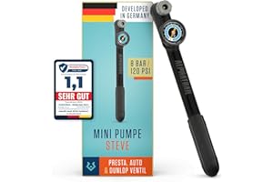 ‎ALPHATRAIL Alphatrail Minipumpe Steve - Für alle Ventile 8,3 Bar / 120 PSI Maximaldruck I Großes Rundmanometer (Ø32mm) I Ergonomischer T-Griff I Luftpumpe für französisches, Auto-Ventil & Dunlop-Ventil