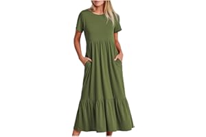 LIAKAI AMhomely Women Dress Summer Casual Short Sleeve Crewneck Swing Dress Flowy Tiered Maxi Beach Dress With Pockets UK Ladies Dress Party Elegant Beach Dress Club Cocktail Work Dresses, Army Green