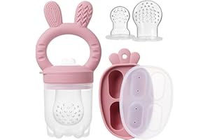 ILEYLUY 2 Packs Silicone Baby Fruit Feeder with Freezer Nibble Tray Combo, Baby Fresh & Frozen Food Feeder Popsicle Molds Includes Extra Food Pouches (Dark Pink)