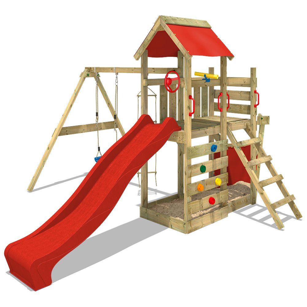 Wickey-Aire-de-Jeux-SeaFlyer-Portique-de-Jeux-en-Bois-Maison-pour-Jardin-avec-balanoire-Toboggan-Mur-descalade-chelle-de-Cordes-bac--Sable-Accessoires