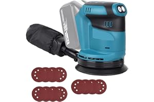 WAKKAPEINT Bürstenlose Akku Exzenterschleifer, Ersetzen für Makita 18V Akkus, Akkuschleifer Schleifgerät, 6 Leistungsstufe, 12PCS 125mm Schleifpapier, Zum Wachsen und Polieren von Holz und Metall (ohne Akku)