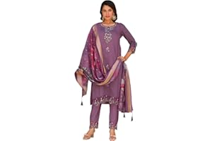 VredeVogel Damen Viskose Römische Seide bestickt Kurta mit Hose & Organga Dupatta Set