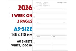 Orgnizme 2026 Diary Refill A5 Size, Week on Two Pages, Compatible with Filofax A5 Organiser, 148 x 210mm