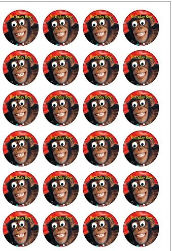 24 Precut Birthday Boy Chimpanzee Googly Eyes Edible Wafer Paper Cake Toppers Decorations