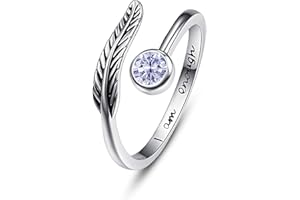 PRAYMOS Birthstone Adjustable Open Feather Ring 925 Sterling Silver Birth Stone Ring Jewelry Gift Birthday Gift for Mom Women Wife Girls