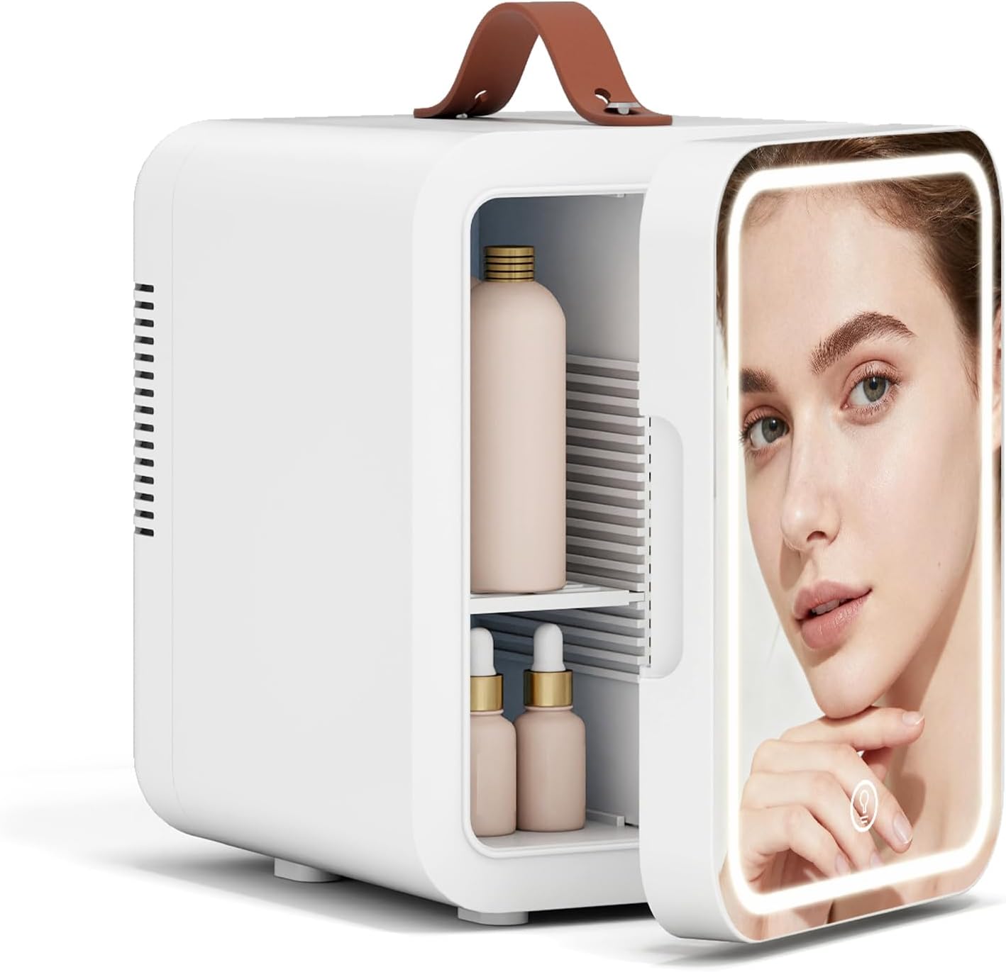 eklipt - 4 Liter Mini Fridge with Dimmable LED Mirror, AC/DC Beauty Fridge with Removable Shelf and Handle, for Makeup and Food, Skincare Fridge for Bedroom, Office, White[Energy Class F]