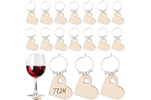 AHANDMAKER 50 colgantes de copa de vino, corazón de madera, marcas de bebidas, anillo de cristal con aros de latón, colgantes de bebidas, decoraciones para degustaciones, día de San Valentín