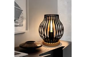 HHMTAKA Metal Cage LED Bedside Table Lamp Wooden Base Black Lamp 20cm High Decorative Bedside Lamp with Edison Bulb for Bedroom Living Room Guest Room Weddings Parties Patio(Pumpkin Shape)