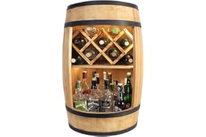 ‎WEECO weeco Fassbar mit Weinhalter und LED Beleuchtung - Holzfass Hausbar 80cm. Rustikaler deko Barschrank Weinständer – Fass Fassbier, Wein Flaschenständer - Bar Whisky Geschenk (Hellbraun)