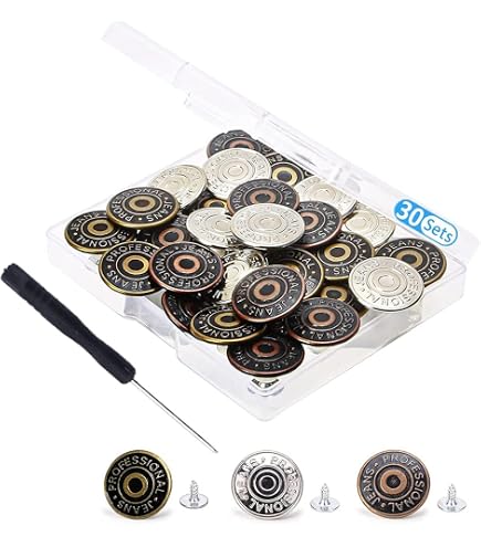 Set 30 Bottoni Jeans Regolabili In Ottone 17 Mm – Senza Cuciture, 3 Modelli Vintage, Rimovibili E Riutilizzabili