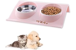 JIASHA Cuenco del Gato,Cuenco Doble para Gatos,Comedero Gato 15° Inclinable Tazón Antideslizante Gato Cuenco,Comederos Perros Gatos para Gato y Perrito Cuenco para Gatos de Acero Inoxidable (Rosado)