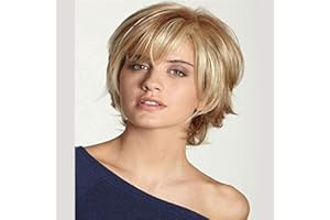 AIYLMZ Encantador Marrón Corto Ligeramente Ondulado Real Peluca Sintética Con Flequillo Elegante Rubio Pelucas De Pelo Completo Para Mujeres Dama (Rubio)