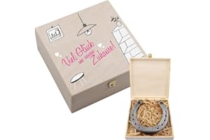4youDesign Echtes Hufeisen in Holz-Geschenkschachtel Viel Glück im neuen zu Hause – 2 Hufeisennägel zum befestigen – Geschenk Richtfest, Umzug, Einzug – Glücksbringer Neuanfang- 17x17x3,5cm