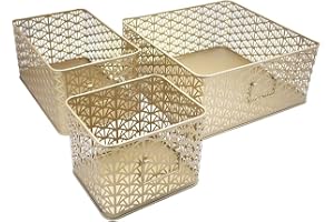 Box and beyond - Uppsättning av 3 förvaringskorgar – 32 x 32 x 14 cm – gyllene metall – vassmönster – förvaring, dekoration
