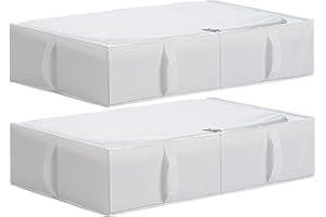 TYEERS Under Bed Storage Box with Lid, Durable Fabric, Washable, Collapsible, Under Bed Storage for Clothes, Blankets, Sheets, Shoes, 70x42x18 cm, 2-Pack, White