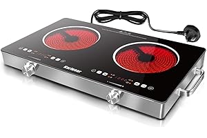 Karinear Double Ceramic Hob 2 Zone, 3200W Plug in Electric Hob with Safety Lock & Knobs & Touch Control, 56cm Coutertop Freestanding Hob with 9 Power Levels, 4 Hour Timer, 220-240V