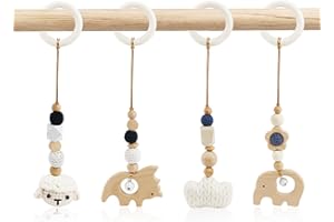 BINYI 4 Stück Spielbogen Baby Spielzeug ab 0 Monate Spielebogen Babies Toys Spielbögen Baby Gym Anhänger Holz für Mädchen Jungen Babyspielzeug für Babyschale Kinderwagen Autositz Spielzeug (Weiß)