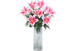 Olrla Fleur de lys artificielle rose de 60 cm de long, 8 têtes florissantes, 4 bourgeons, impression 3D, faux lys tigre pour mariage, maison, bureau, centres de table (sans vase)