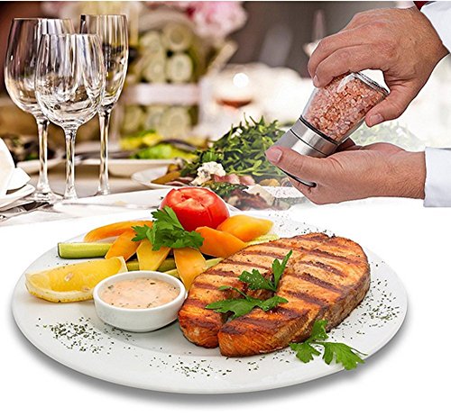 Salz- und Pfeffermühle Salz- und Pfeffermesser Set Gebürsteter Edelstahl und Glaskörper mit manuell verstellbarem Keramikschleifer zur verstellbaren Grobheit mit passendem Edelstahl Ständer Küchenzubehör Kochen Werkzeuge Gewürzmühle Grinder-Set von 2 - 7