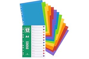 REAEONAT A4 File Dividers, 5 Pack 12 Part Subject Dividers Multi Hole Punched in Assorted Colour, Plastic Card Folder Ring Binder Dividers for Home School Office Use