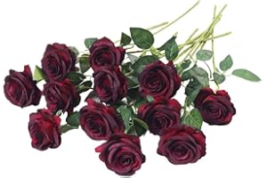 Laelfe 12 Pcs Rosas Artificiales, 21in Realista Largo Tallo Flores Rosas Artificiales para Bodas Hogar Jardín Fiestas Hoteles Decoración (Borgoña)