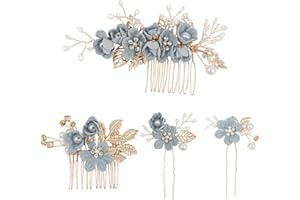 HYRKOTW 4 pettini per capelli con piastra in foglia d'oro, pettine per capelli da sposa, pettine con fiori di perle, pettine con strass, accessori per capelli da sposa, semplice ed elegante (blu)