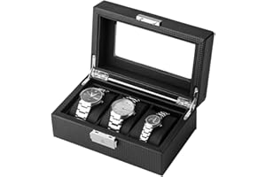 SHYOSUCCE 3 Slots Watches Storage Box with Clear Glass Window, Removable Velvet Pillow, PU Leather Watches Display Box, Black