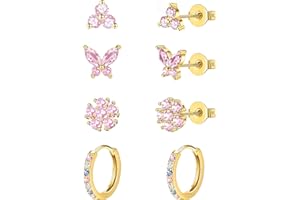 jagosen Gold Stud Hoop Earrings Set For Women Girls 4 Pairs 9ct Gold Plated Hypoallergenic Cartilage Studs Earrings Pink Cubic Zirconia Gold Hoop Earrings For Multiple Piercings Jewellery
