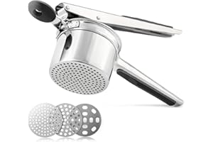 HUSALSEA Kartoffelpresse, Kartoffelpresse Edelstahl, 3 Arten Von Austauschbaren Press-Tabs Gemüse und Obst Spätzlepressess, Pagettieis Quetsche Griff aus Silikon, Feines Maischen Lochpürierstab