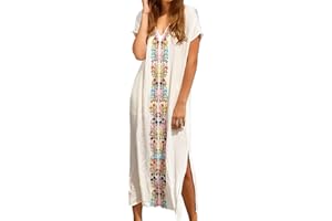 YOUKD Coton D'été Brodé Floral Lâche Caftan Boho Beach Bikini Cover Up Dress Grande Taille Robe pour Les Femmes