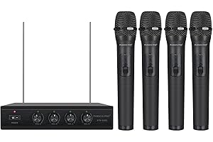 Phenyx Pro Système de Micro sans Fil, micros sans Fil VHF 4 canaux, avec 4 Microphones dynamiques Portables, récepteur en métal, Longue portée, Microphone pour Chanter, karaoké (PTV-2000A)