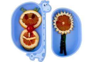 NOHLERLIFE Silicone Suction Plate for Baby, 2 in 1 Giraffe Design - Toddlers Self Feeding Training Plate Dish Bowl Non-Slip Fits for Most Highchairs Trays, BPA Free Microwave Dishwasher Safe (Blue)
