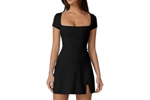 QINSEN Damen-Tenniskleid mit quadratischem Ausschnitt, kurze Ärmel, integrierte Shorts, Golfkleid mit Taschen