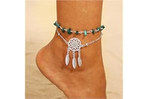 DISHOWME Tobillera con borlas de hojas bohemias, tobillera con plumas en capas turquesa, pulsera con flor hueca, cadena para pie de playa, joyería para mujeres, niñas y adolescentes