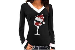 ‎TRIGLICOLEUM TRIGLICOLEUM Weihnachtspullover Damen Samt V-Ausschnitt Langarmshirt Weihnachten Bluse Rot Weinglas Druck Oberteile Herbst Winter Sweatshirt Christmas Pullover Weihnachtspulli Tunika Shirt Tops