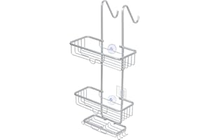 SHINOSKE Mensola Doccia Portaoggetti Doccia da Appendere, 2 livelli di mensola per doccia senza foratura, Antiruggine Acciaio Portaoggetti Bagno in alluminio Accessori Bagno con Portasapone Ganci - Argento