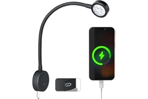 acegoo Lampada da lettura da parete LED 12v luce barca camper, dimmerabile collo di cigno flessibile DC12-24V comodino con interruttore dimmer e caricatore Type-C per cabina roulotte nero (1 pcs)