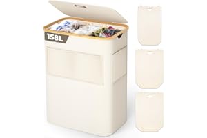 OUSFOT Kosz na pranie z 3 przegródkami i pokrywką, 158 l, składany kosz na pranie z tkaniny Oxford 600D, z wyjmowaną torbą na pranie, przednią kieszenią z siatki, pojemnik na pranie do prania, beżowy