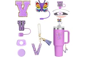 FIDWALL 6PCS Accesorios Personalizados para Stanley Cup Tumbler, Tapas para Pajitas Stanley Cup, Decoraciones de Iniciales, Pegatinas de Letras, Charms de Letras y Tapones Antigoteo para Vasos (V)