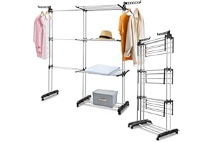 ‎JIUBIAZ Jiubiaz Wäscheständer Turm,wäscheständer ausziehbar Länge 75-150cm,wäscheständer platzsparend,4 Etagen mit 2 klappbaren Flügeln,360°drehbare Rollen,Wäscheturm für draußen und drinnen