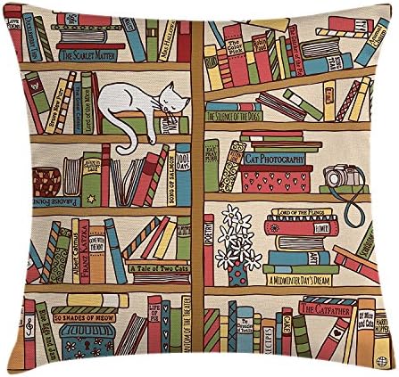 Cat Decor Throw Pillow Cushion Cover, Nerd Book Lover Kitty Sleeping Over Bookshelf in Library Academics Feline Boho Design, Decorative Square Accent Pillow Case,Multi 20X20 inches