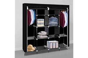 Karlhome 4-Tiers 12 Compartment Canvas Wardrobe, Portable Fabric With Shelves and Cover for Hanging Clothes, Clothes Rail With Cover for Bedroom, 67" L x 17" W x 72" H, Black
