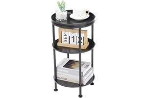 YEAKOO Nordic End Table, 3-Tier 30cm Round Side Table with Storage Shelf Edge Protection Tray, Sturdy Metal Frame Coffee Table Bedside Table for Living Room Bedroom Small Spaces/Black