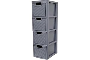 SIDSONS - Medium Rattan Effect Drawer Storage Unit Plastic Cabinet with Spacious Drawers for Home Office Bedroom Living Room Organisation Durable Stylish Lightweight Design (Rattan Grey, 4 Tier)