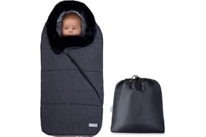 Orzbow Saco Capazo Bebe Invierno, Impermeable Saco Silla Paseo Universal con Cuello de Piel Desmontable, Saco Carro Bebe con Cremallera Ajustable, Forro Polar Caliente, Fácil Acceso, Gris Oscuro
