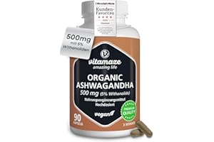 ‎VITAMAZE - AMAZING LIFE Ashwagandha Kapseln hochdosiert - KSM-66® - min. 5000mg reines Ashwagandha aus 500mg Extrakt (10-15:1), 5% Withanolide, 90 vegane Kapseln für 3 Monate mit Ashwagandha Wurzelextrakt, hoch bioverfügbar