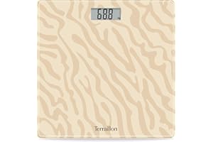 TERRAILLON - ONE GOLDEN SAND- Balance pèse personne électronique, Compact et ultra plat, Plateau en verre 27cm x 27 cm, Ecran LCD, Capacité 160Kg, Graduation 100g, Sérigraphie Sable Or